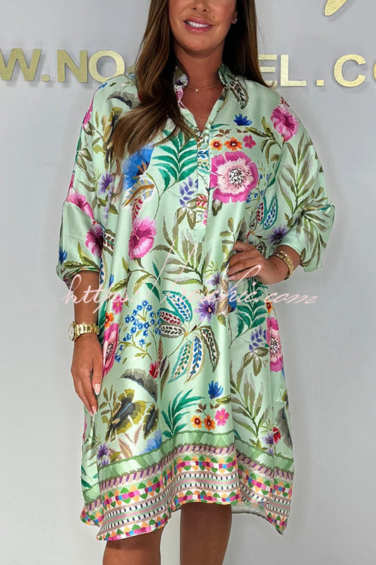 Print Long Sleeve Lapel Loose Mini Dress