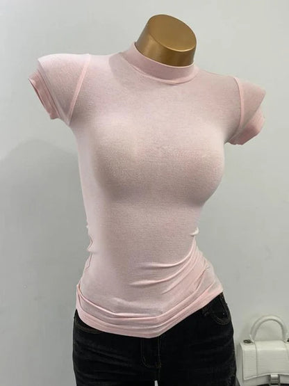 Half-high Collar T-shirt Korean Transparent Short-sleeved Slim-fit Elastic Inner Bottoming Shirt Big Chest T-shirt