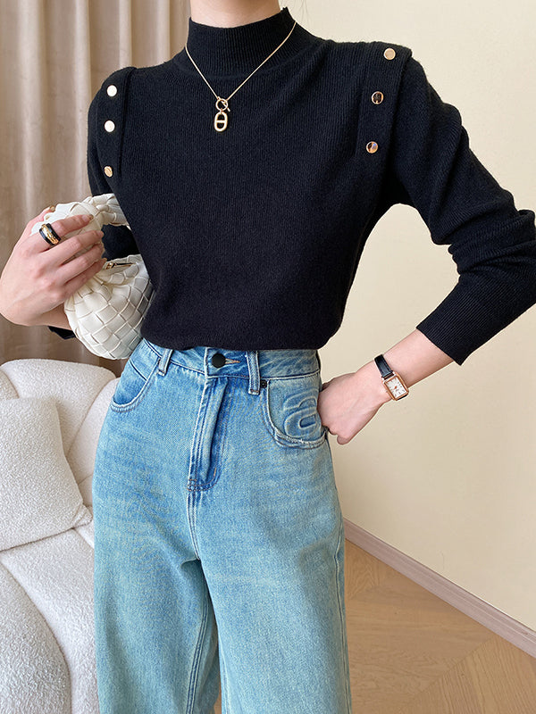Grey High-neck Buttoned Decor Long Sleeve Knit Sweater An1050