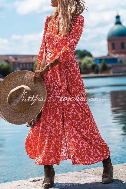Lapel Slit Print Lace Up Button Maxi Dress