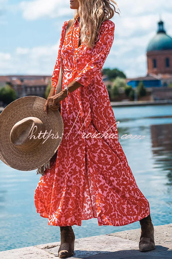 Lapel Slit Print Lace Up Button Maxi Dress