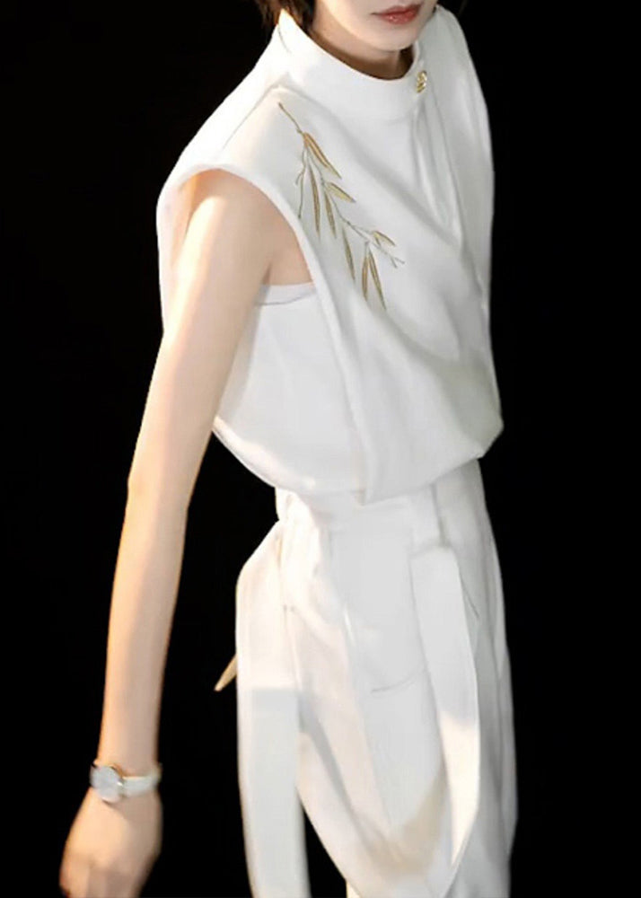 Chinese Style White O-neck Embroidered Top and Straight Pants Two Piece Set Summer Tt1014