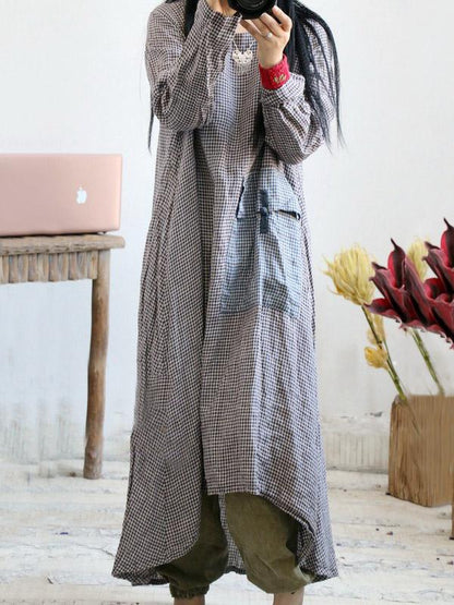 Loose Linen Plaid Round-neck Long Dress