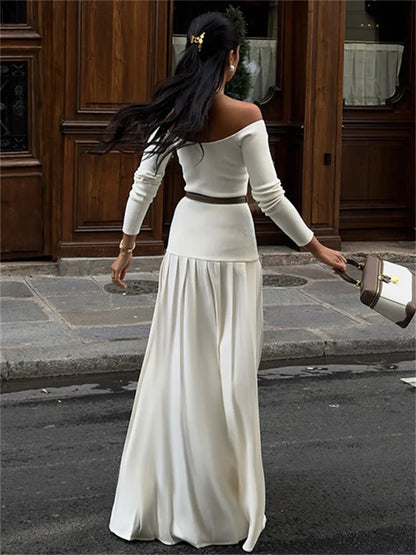 Off-shoulder Patchwork Maxi Dress ’s Commute Autumn Dress Female Backless Long Dress New