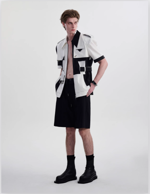 B&w Structured Belted Shirt & Shorts Set