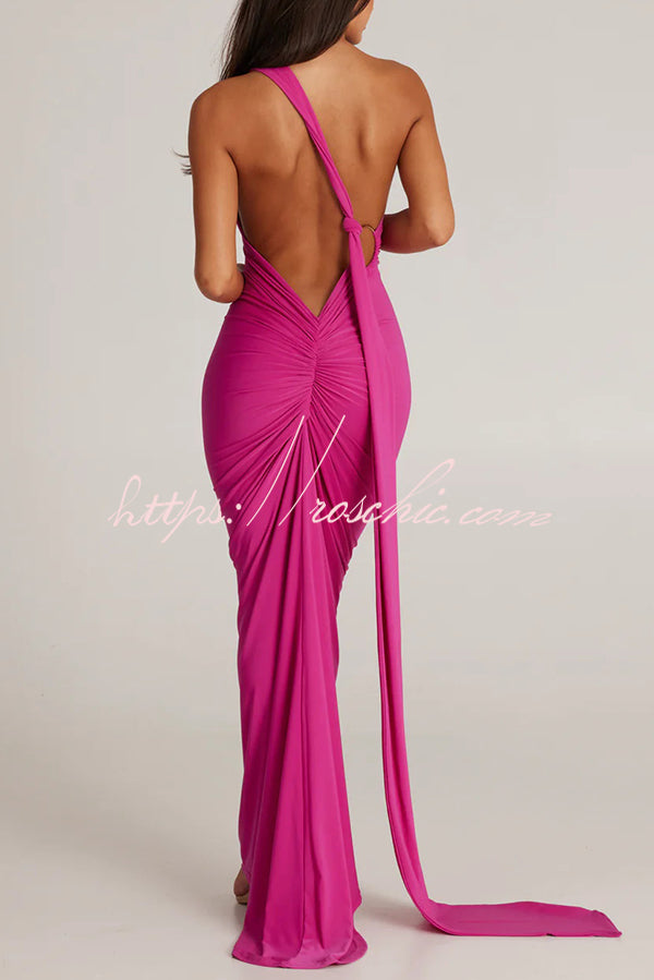 Backless Pleated Slim Color Sleeveless Maxi Dress
