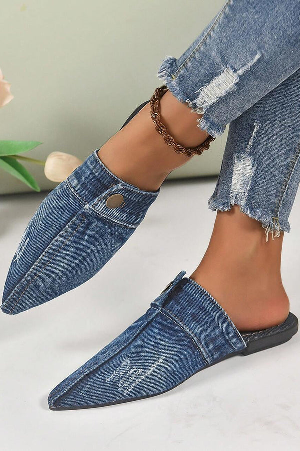 Flat Pointed Toe Denim Slippers