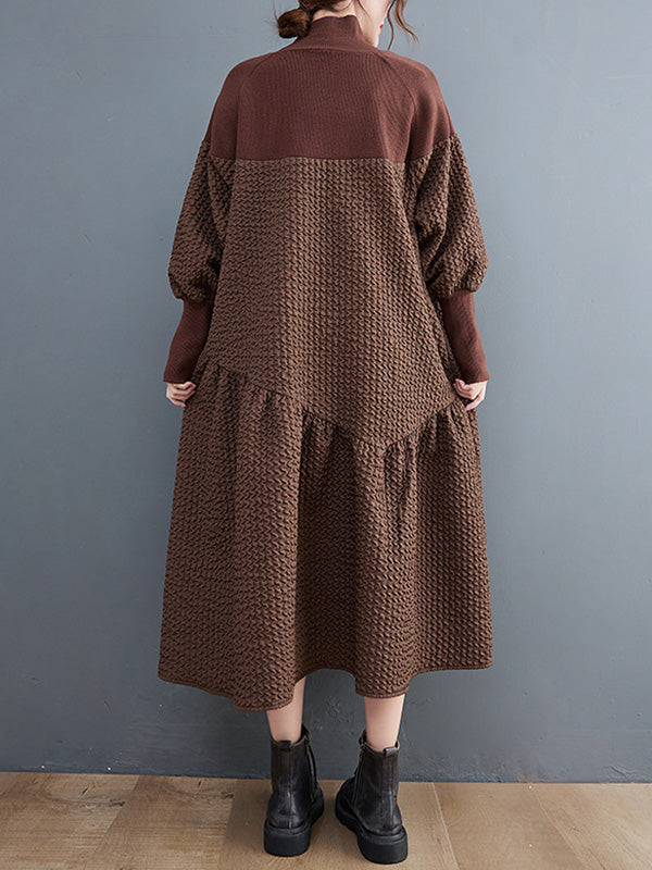 Long Sleeves Loose Split-joint Jacquard High-neck Sweater Dresses