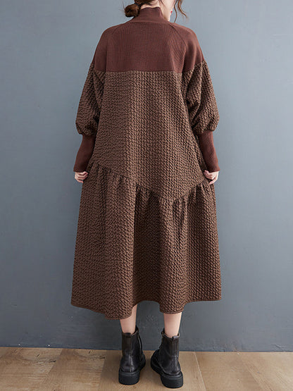 Long Sleeves Loose Split-joint Jacquard High-neck Sweater Dresses