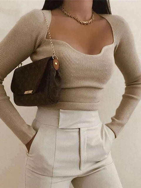 Long Sleeve Sweater Autumn Knit Ribbed Top Knitted Tops Pullover Off-shoulder Knitwear Black