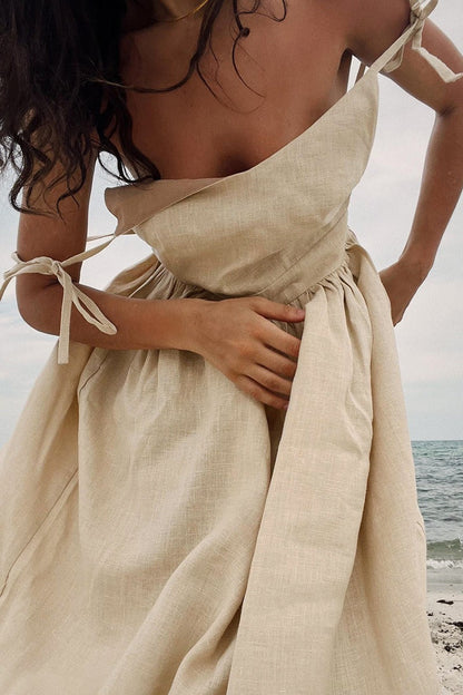 Cotton V Neck Spaghetti Strap Tie Backless Midi Dress