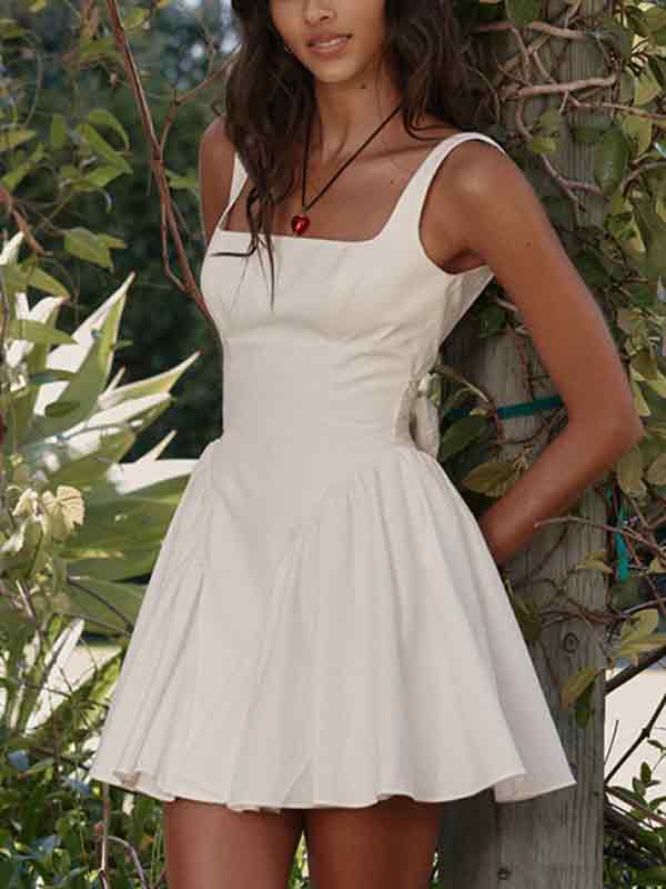 French Backless Lace Up Mini Dress With Tie Back