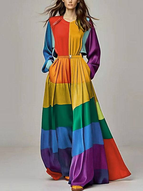 Long Sleeves Loose Colorful Striped Round-neck Maxi Dresses