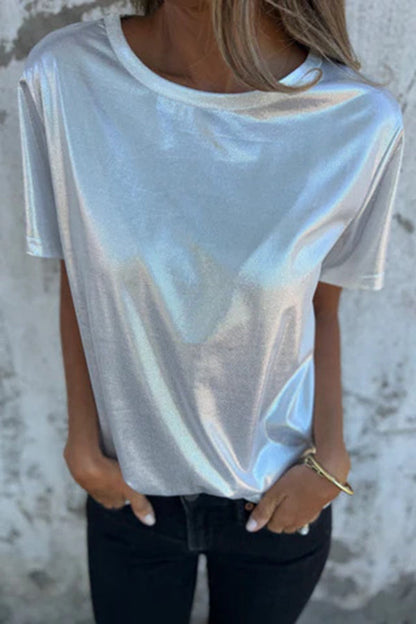 Metallic Color Round Neck Short-sleeved Loose T-shirt