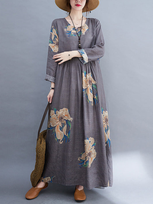 Loose Pleated Flower Printed Round-neck Long Sleeves Maxi Dress
