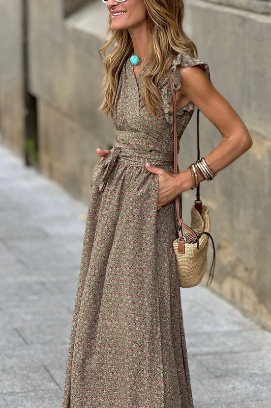 V-neck Ruffled Short-sleeved Waist Long Dress
