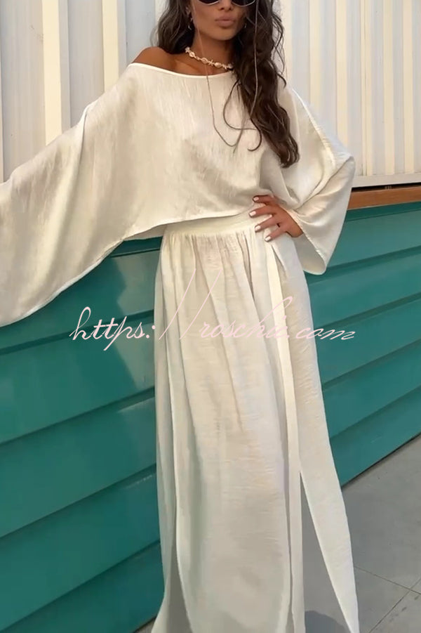 Seaside Leisure Linen Blend Color Elastic Waist High Slit Maxi Skirt