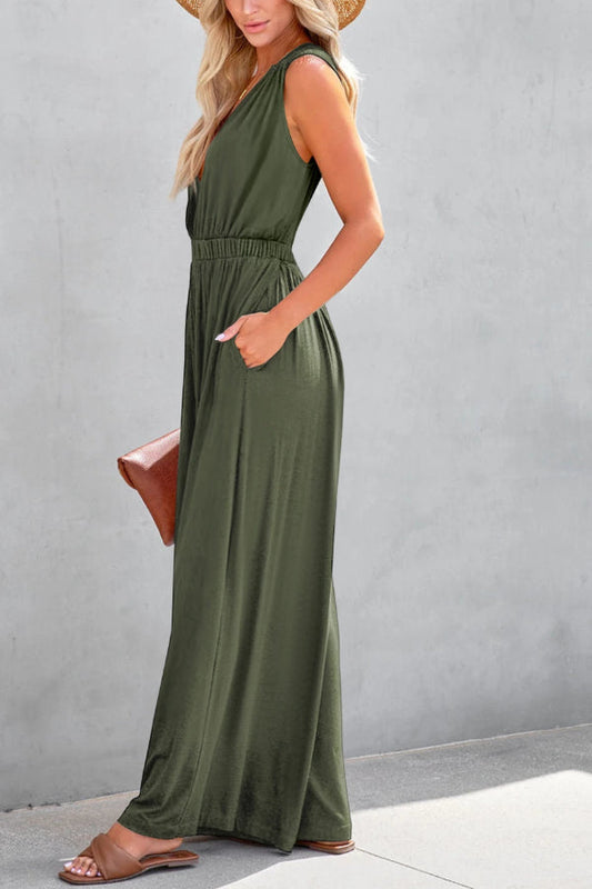 Jungle Green Deep V Pocketed Pleated Wide Leg Jumpsuit
