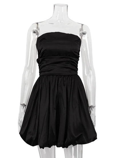 Satin Strapless Pleated Mini Dress for Robe Off-shoulder Backless Sleeveless A-line Bodycon Dress