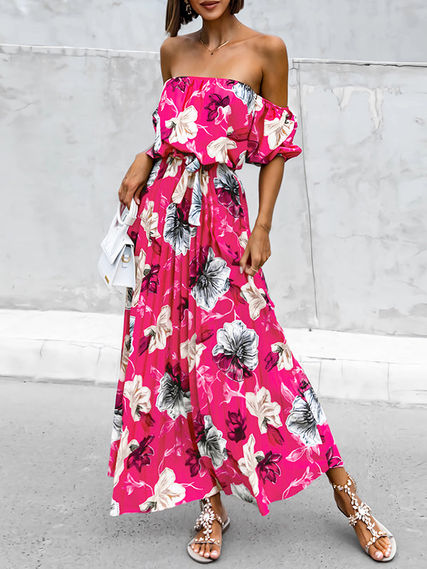 A-line Loose Elasticity Flower Print Pleated Split-joint Tied Waist Off-the-shoulder Maxi Dresses