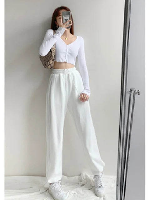 Korean White Blue Pants High Waist Loose Drawstring Harem Pants Comfortable Female Sports Street Pants S-xl
