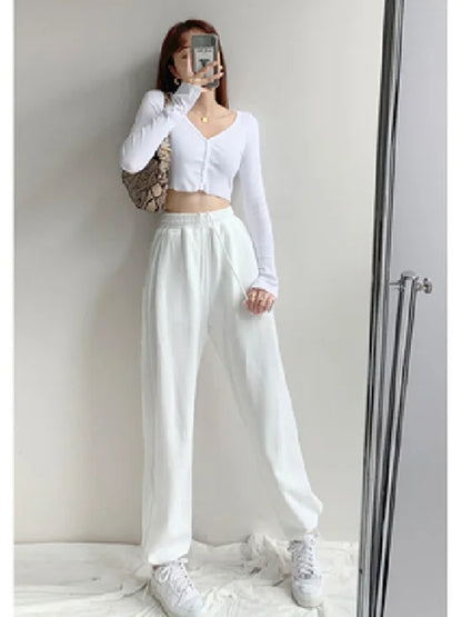 Korean White Blue Pants High Waist Loose Drawstring Harem Pants Comfortable Female Sports Street Pants S-xl
