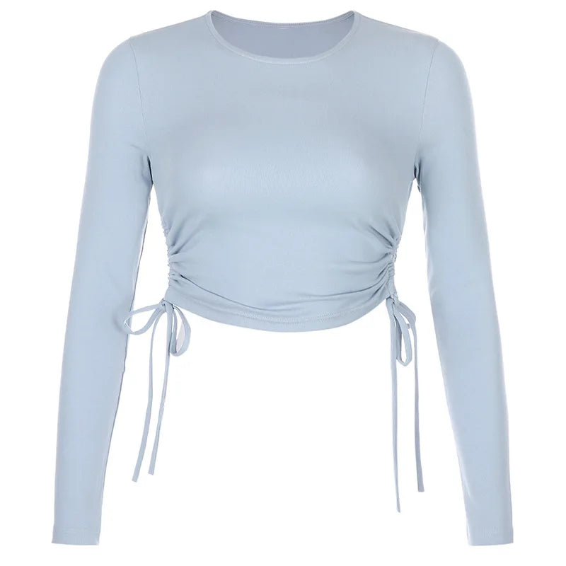 O-neck Long Sleeve Bodycon Cropped Tops Autumn Irregular Drawstring Bandage Knitted T-shirt