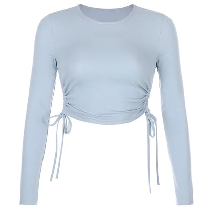 O-neck Long Sleeve Bodycon Cropped Tops Autumn Irregular Drawstring Bandage Knitted T-shirt