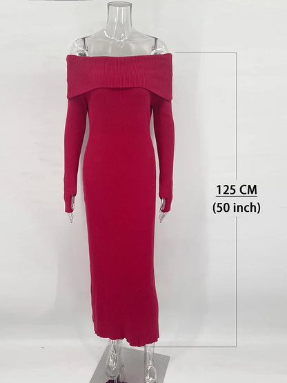 Knit Long Dress Off-shoulder Female Ribbed Loose High Waist Autumn Party Dress Knitwear Maxi Dress