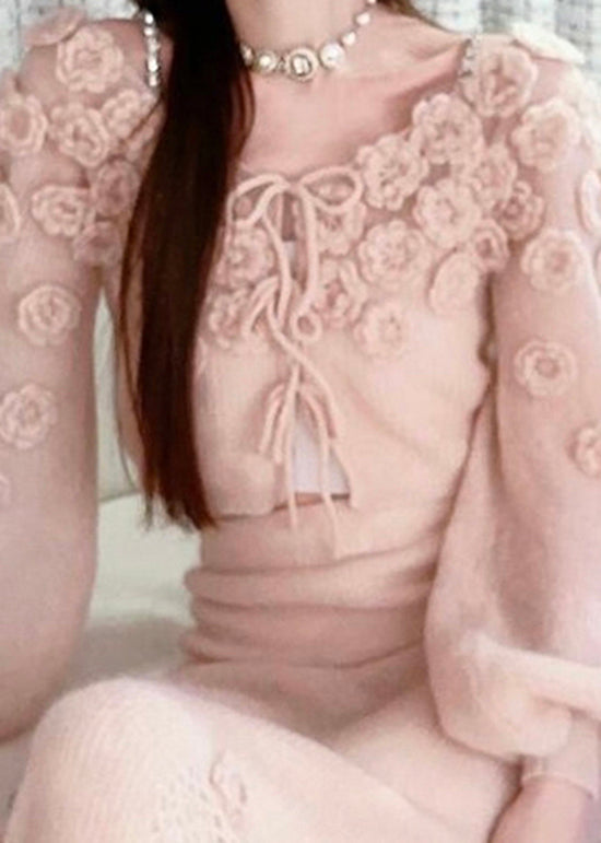 Pink Lace Up Knit Sweaters Fall Wo035