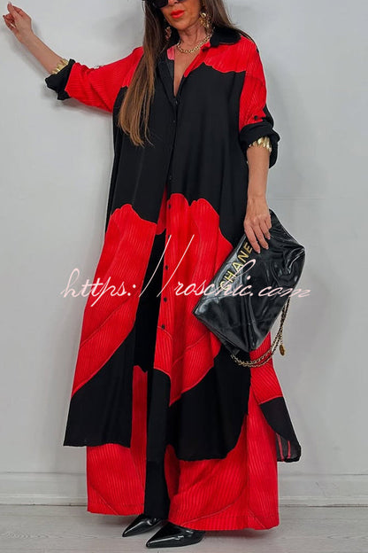 Unique Printed Loose Long Shirt and Elastic Waist Pocket Wide Leg Pants Set