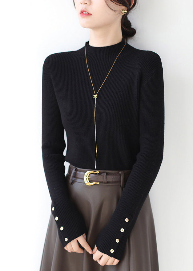 Black Slim Fit Patchwork Knit Sweaters Hign Neck Winter Rv025