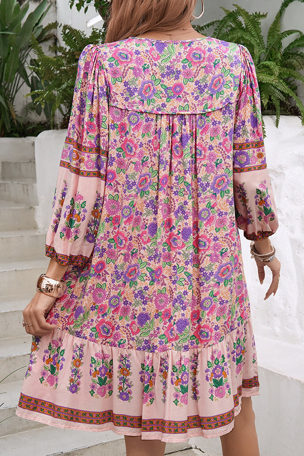 Style Unique Printed V-neck Tie Loose Mini Dress
