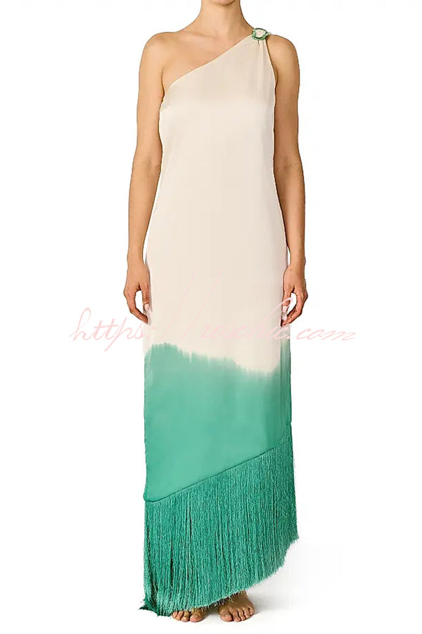 Vibrant Ombré Print Ruched One Shoulder Tassle Trim Vacation Maxi Dress