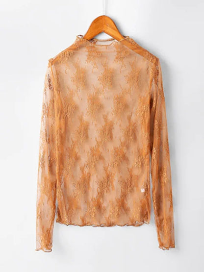 Summer Lace Embroidery Blouses Shirt Tops Mesh Blouses Transparent See-through Black Shirt