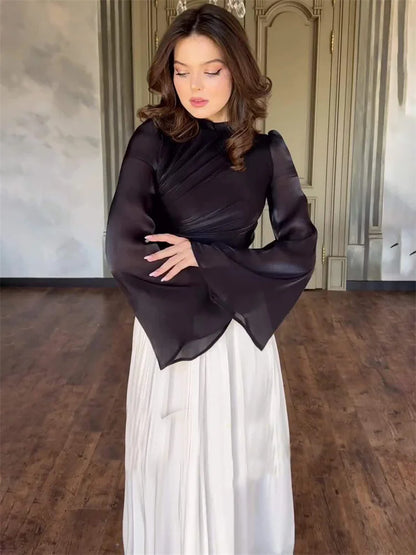 Pleated Dress Mesh Patchwork Bandage Tiered Slim High Street See-through Contrast Autumn New Maxi Dress