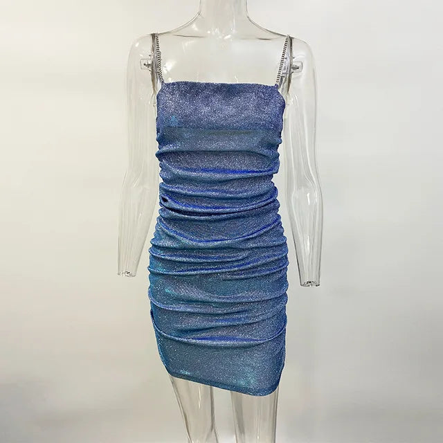 Sparkly Party Dress Rhinestone Straps Pleated Bodycon Mini Dresses Sleeveless Evening Vestidos