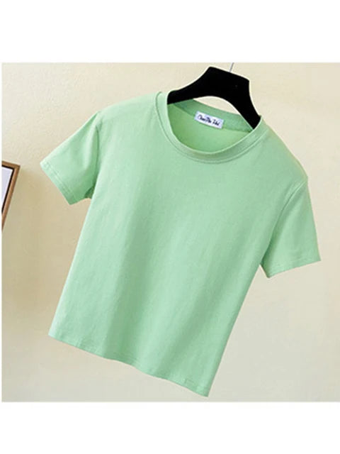Green Crop Top T-shirt Female Cotton O-neck Short Sleeve T-shirts for High Waist Slim Short Sport Femme T-shirt