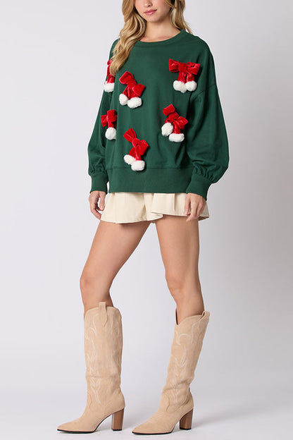 Christmas Bow Embellished Long-sleeved Sweatshirt