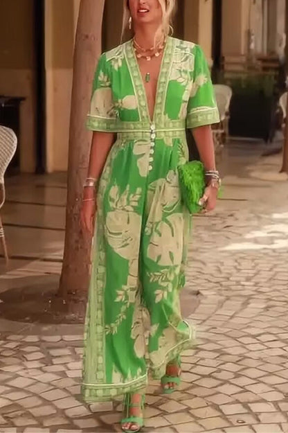 Plant Print V-neck Short Sleeve Button Loose Pocket Jumpsuit