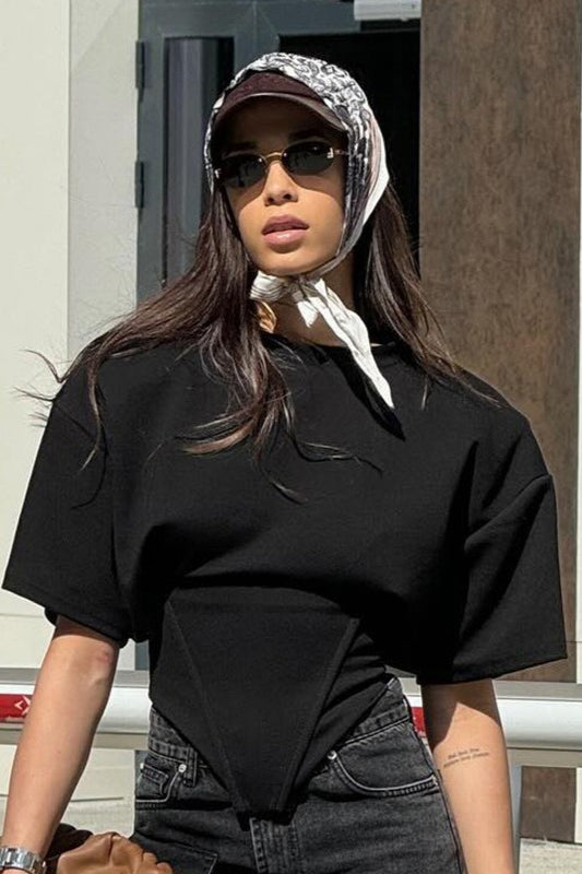 Wide Shoulder Tie Waist Elbow Sleeve T-shirt