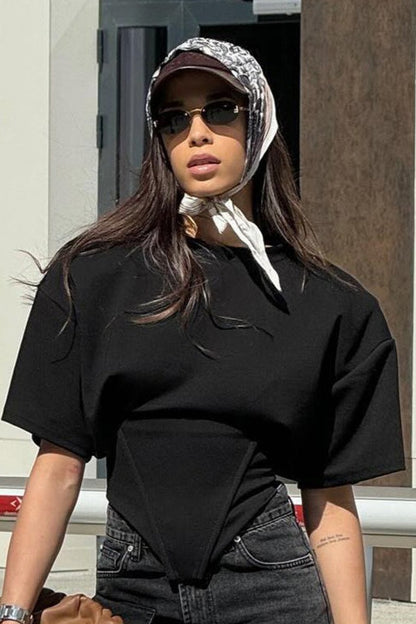 Wide Shoulder Tie Waist Elbow Sleeve T-shirt