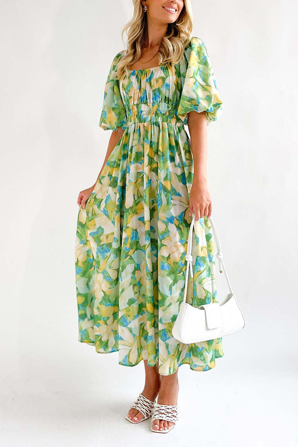Square Neck Printed Puff Sleeve Long Dress