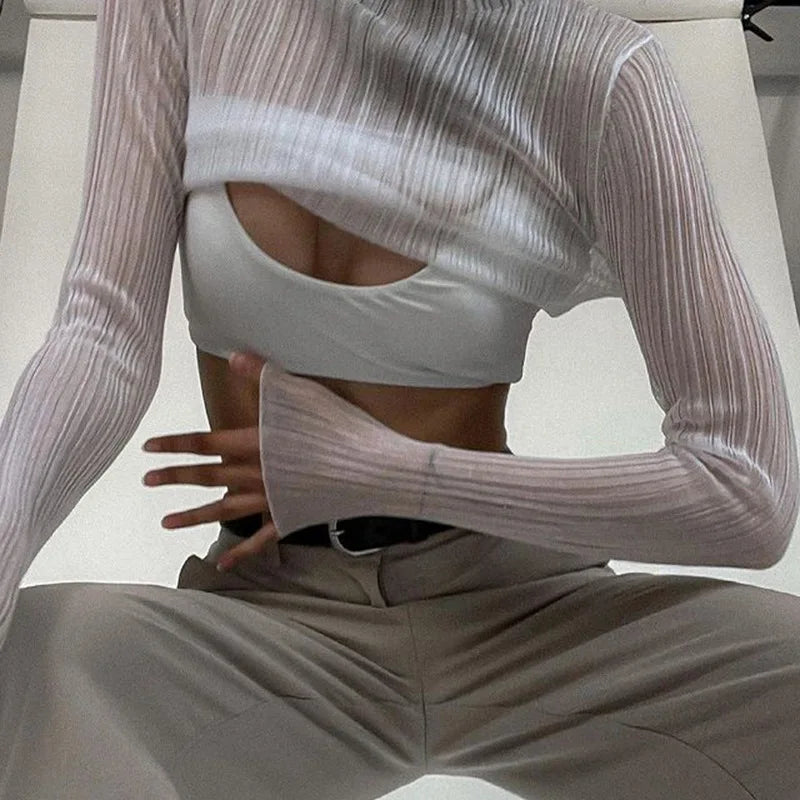 Fall See Through Long Sleeve Mock Neck Tops T-shirts Tees Slim Clothes