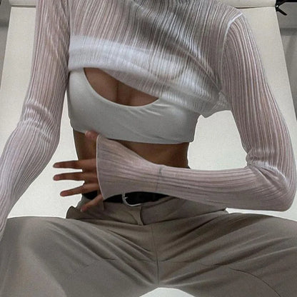Fall See Through Long Sleeve Mock Neck Tops T-shirts Tees Slim Clothes