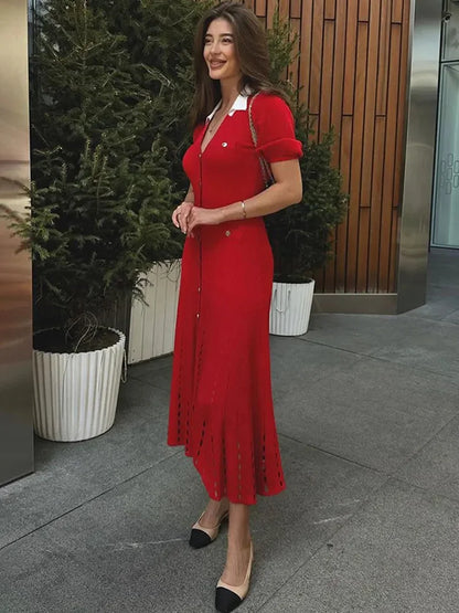 V-neck Knit Contrast Long Dress Hollow Out Lapel High Waist Party Dress Knitwear Maxi Dress