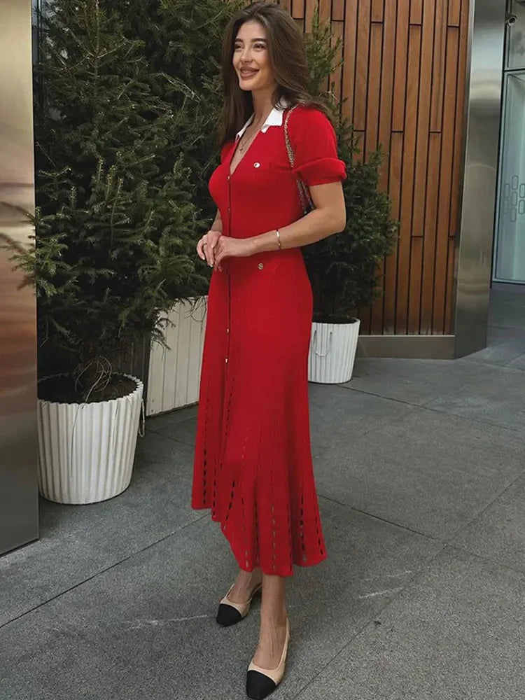 V-neck Knit Contrast Long Dress Hollow Out Lapel High Waist Party Dress Knitwear Maxi Dress