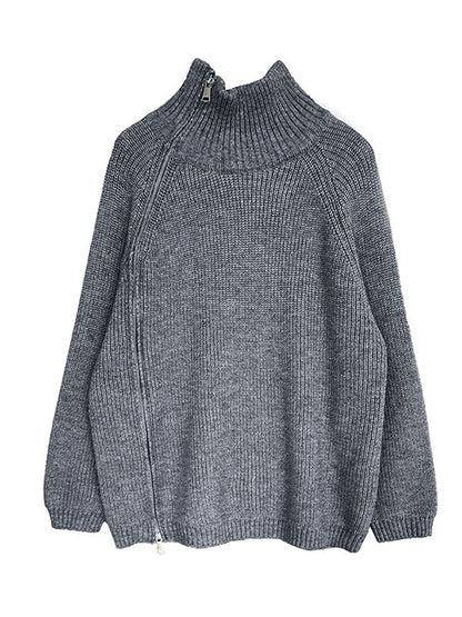 Urban Grey Halter-neck Split-side Zip-up Long Sleeve Sweater An1033