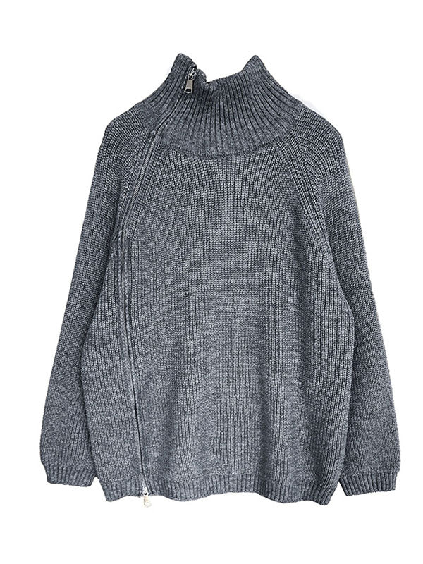 Urban Grey Halter-neck Split-side Zip-up Long Sleeve Sweater An1033