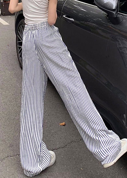 New Blue Striped Pockets Elastic Waist Cotton Pants Summer Nn003